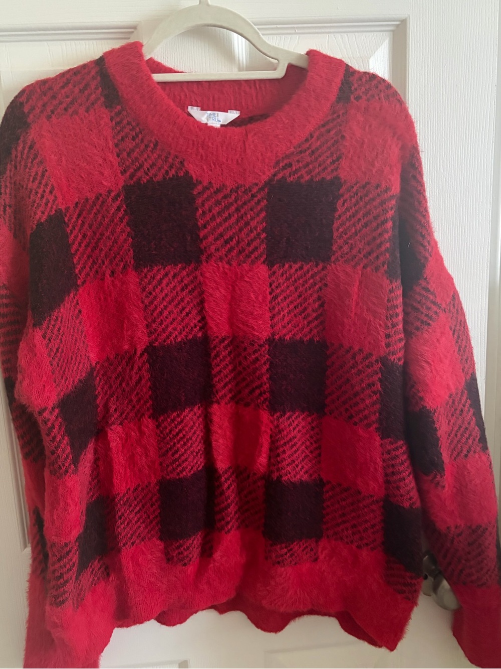 Women’s Red and Black Buffalo Check Plaid Fuzzy Crewneck Sweater
